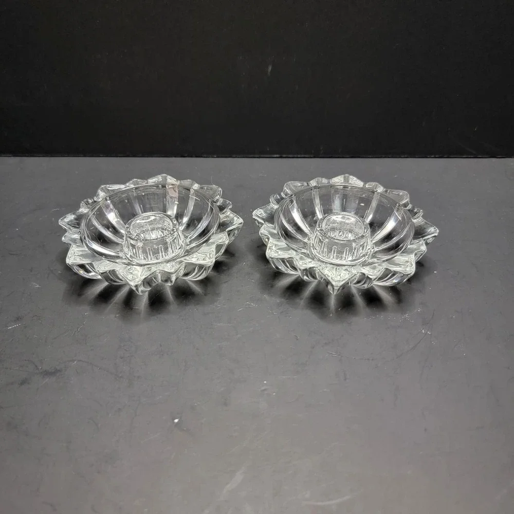 Vintage 60's Round Starburst Cut Glass Candle Stick Holder Set Of 2